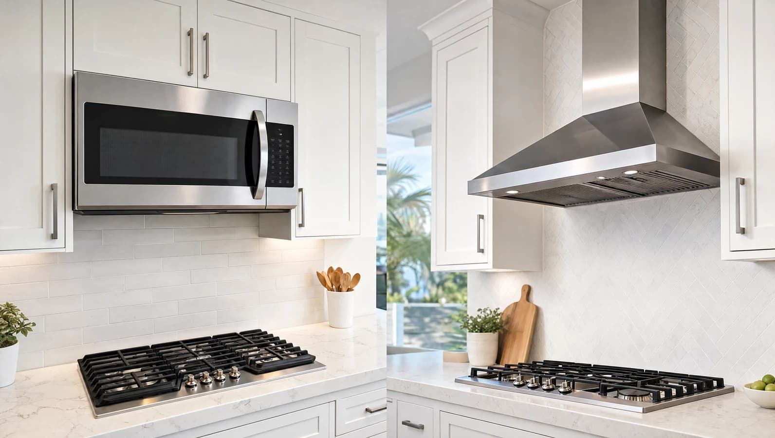 Clean split image of an over-the-range microwave and stainless range hood installation
