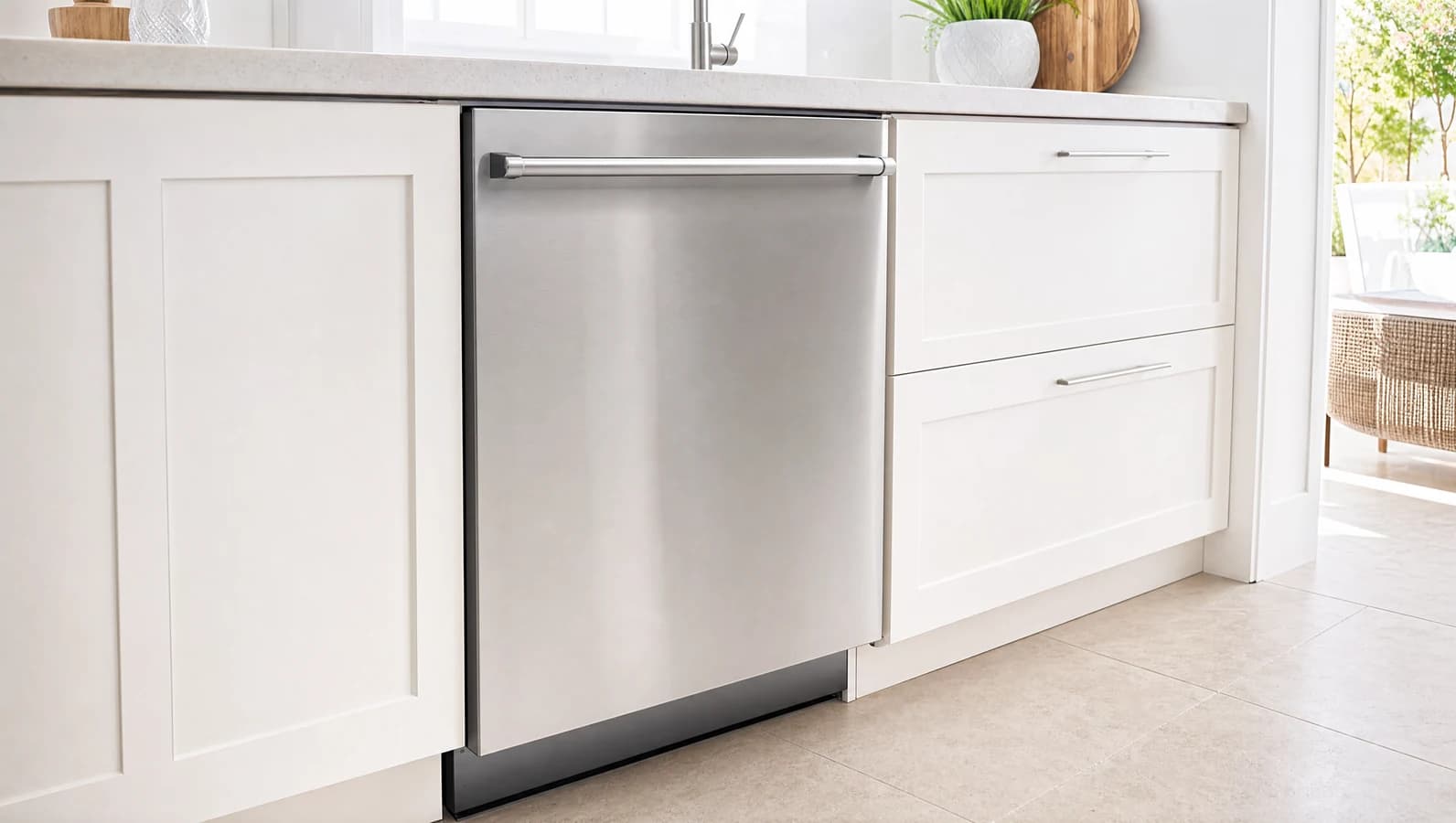 Real stainless steel dishwasher installed under a kitchen counter