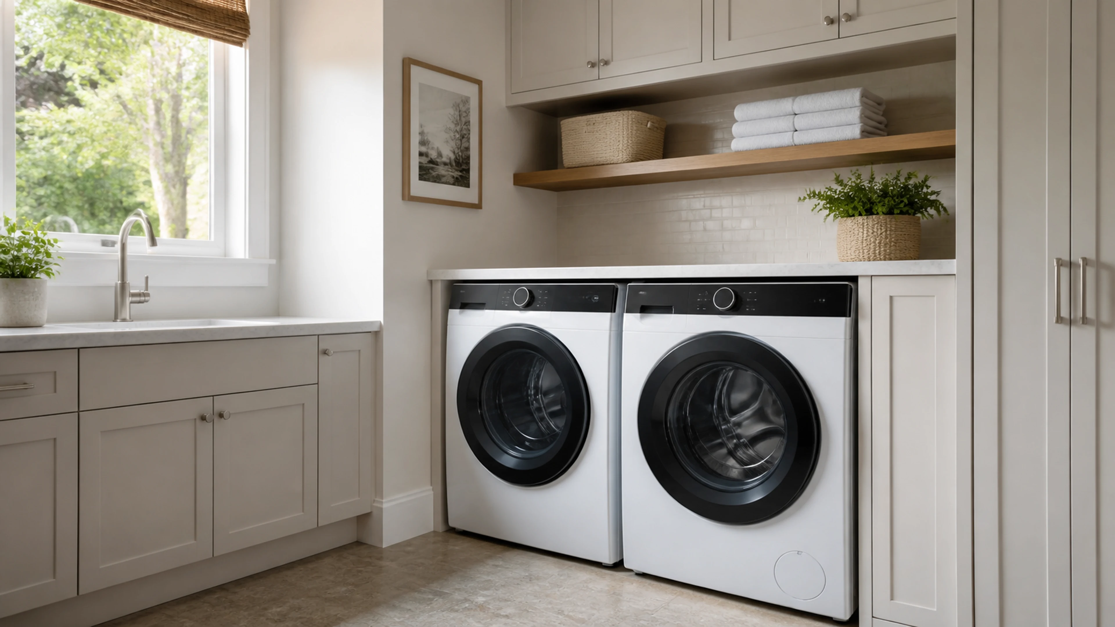 Laundry room with a front-loading washer and dryer