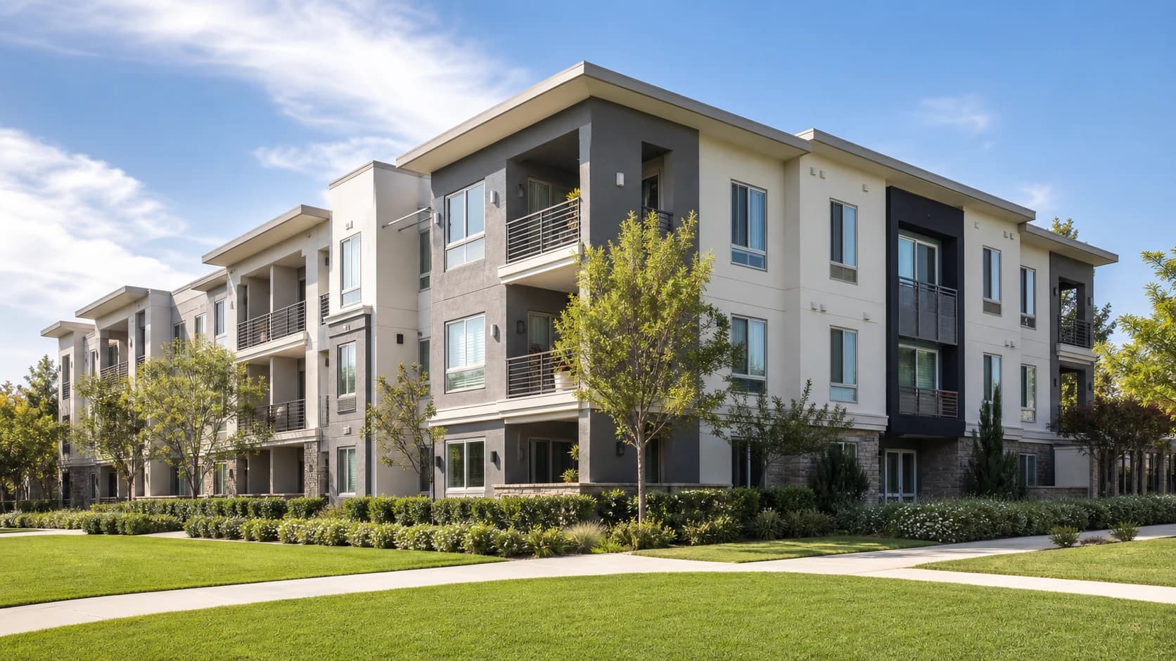 Three-story apartment community with balconies and landscaped walkways