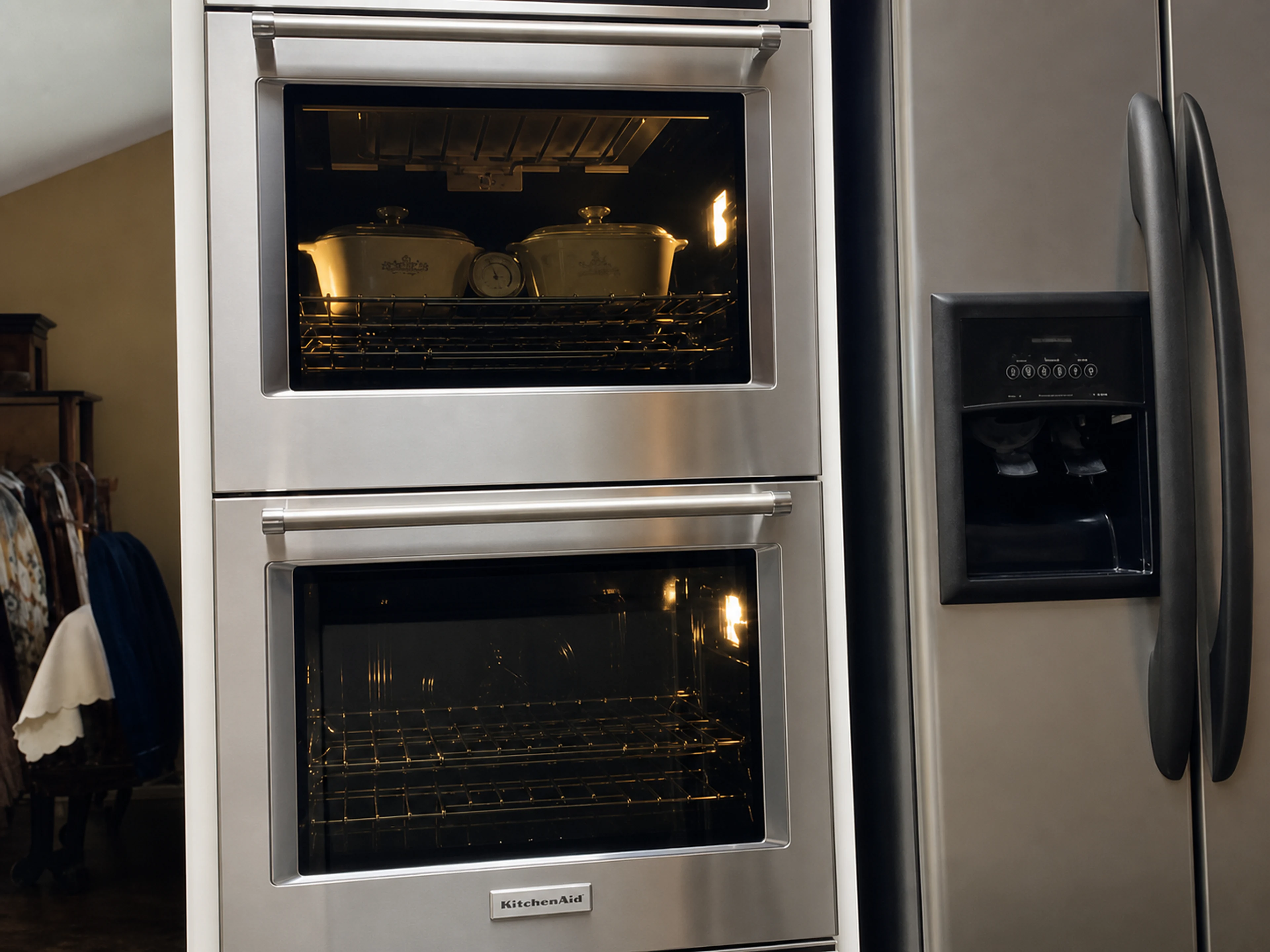 Double wall oven aligned within finished kitchen cabinetry