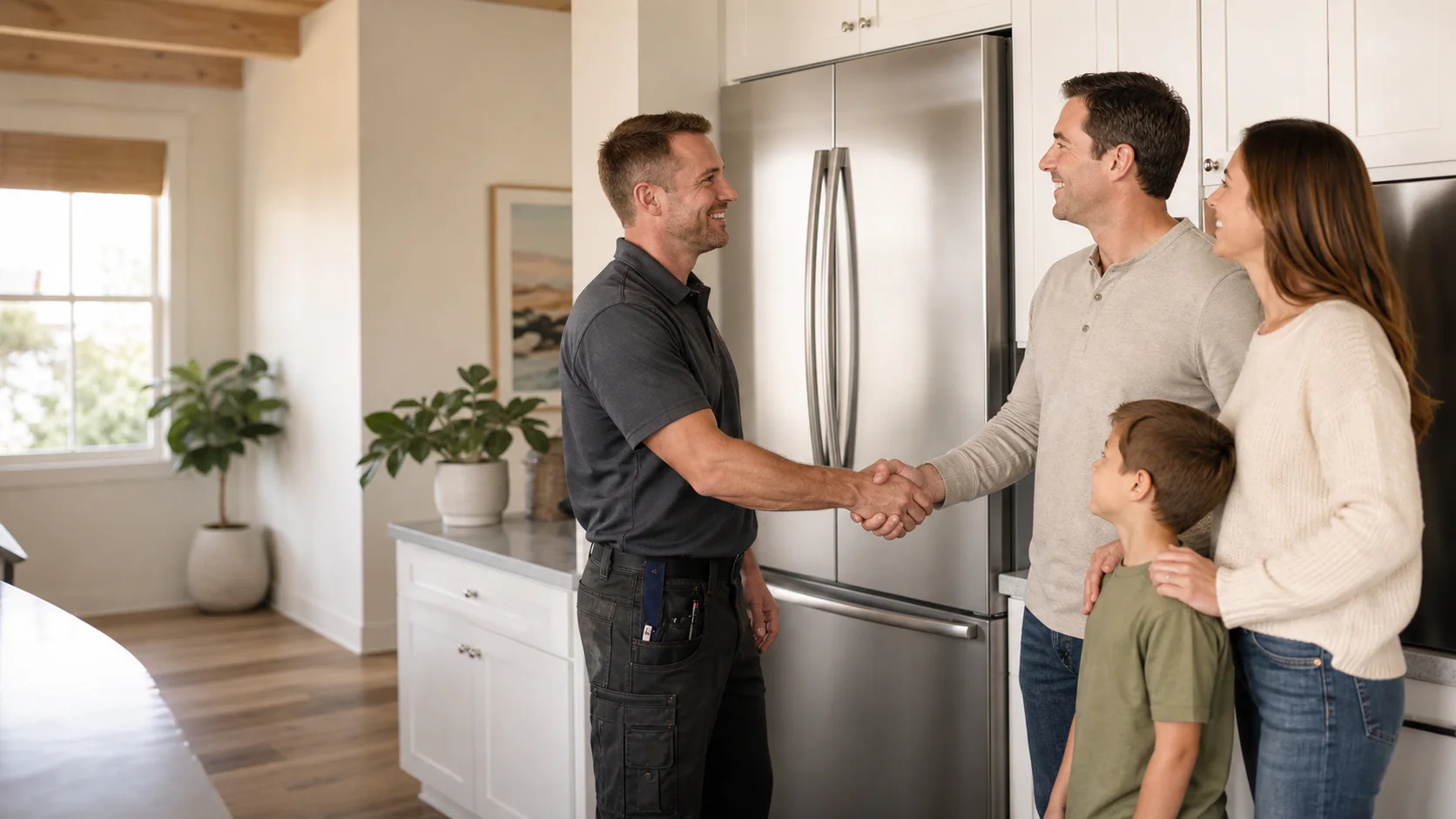 A home-service professional greeting a family