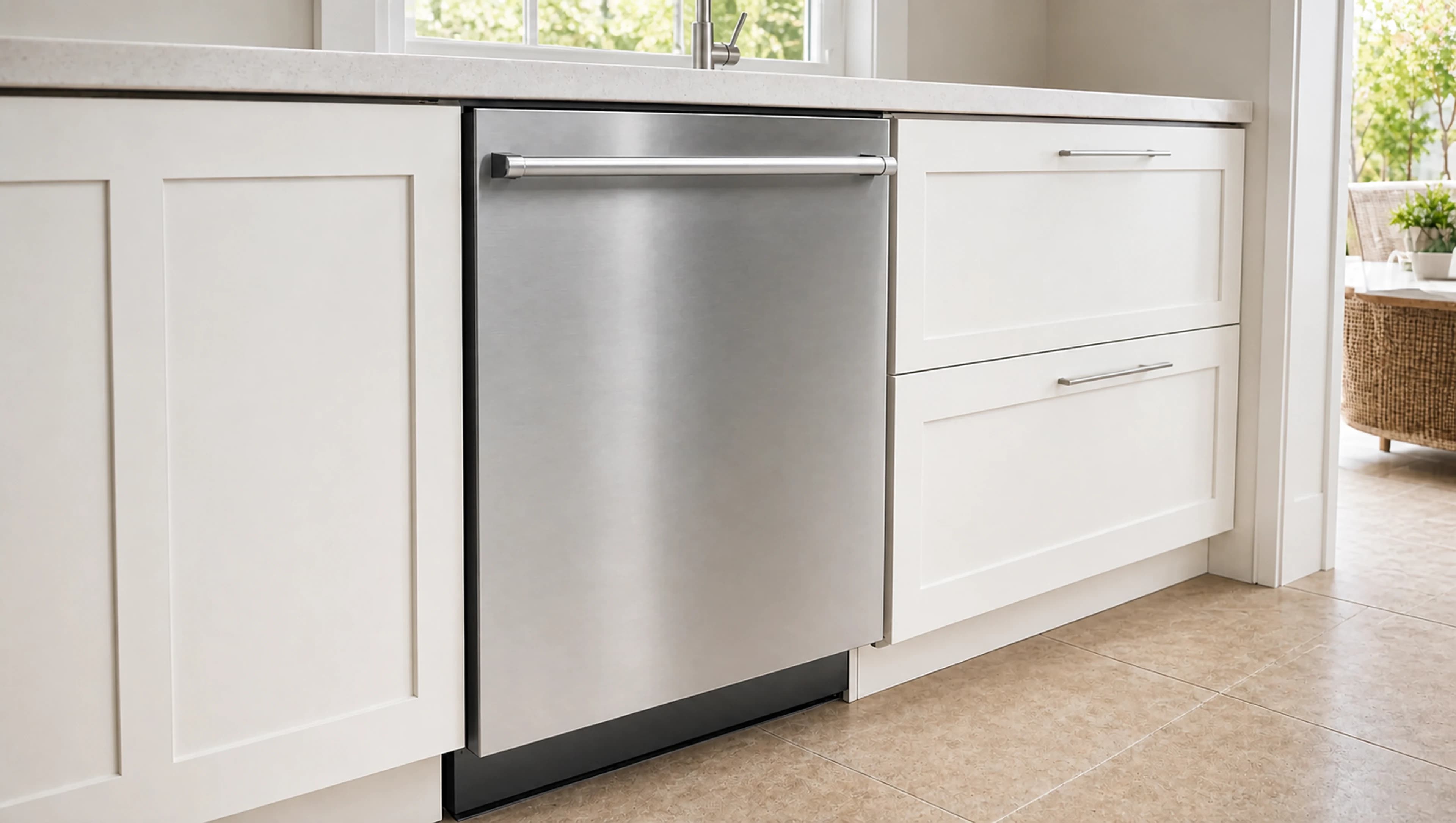 Stainless dishwasher aligned beneath a kitchen counter