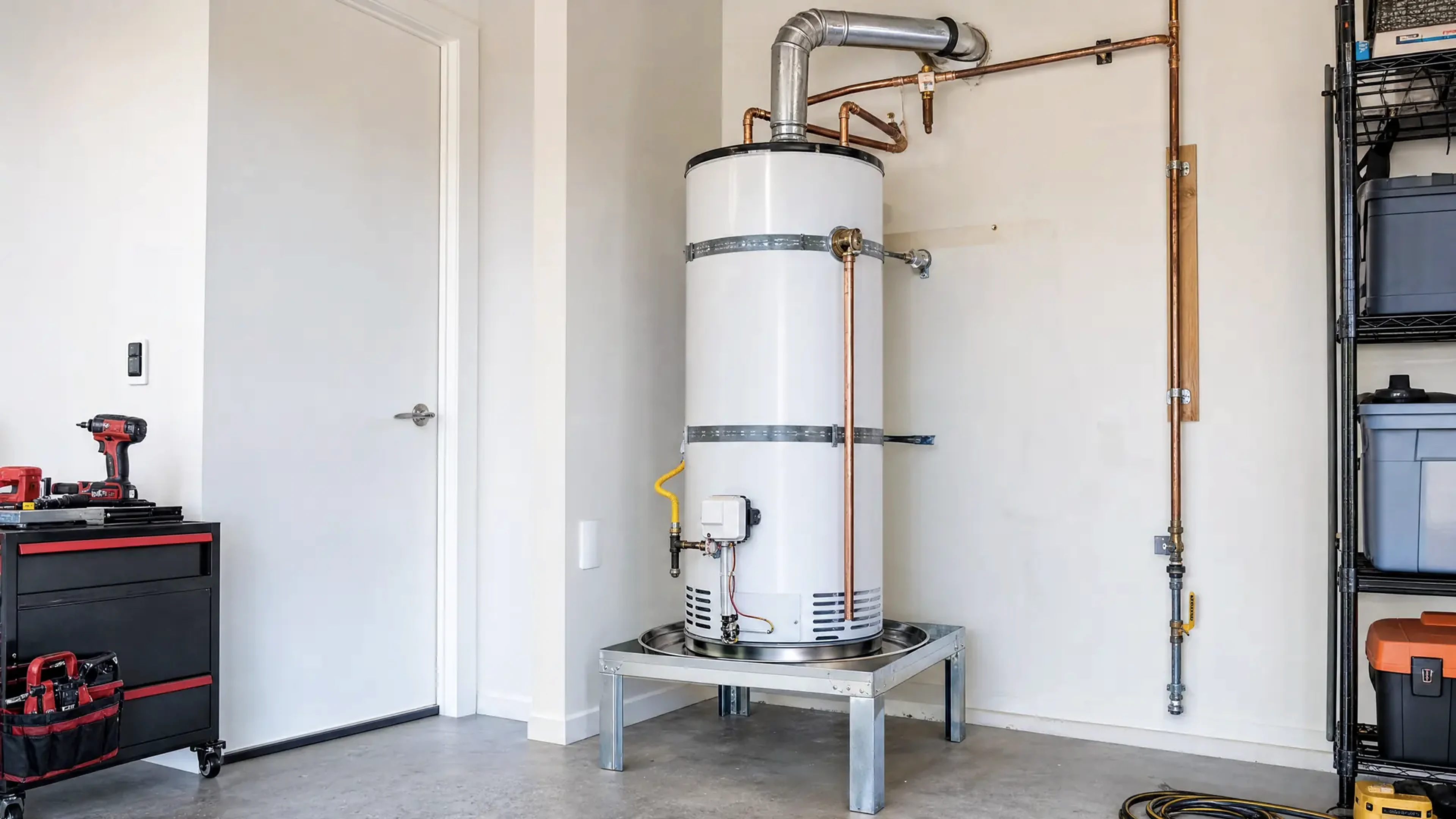 Tank water heater with visible utility connections
